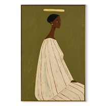 White Gown Faces Olive - woman in white gown painting by Marcus Lau, retro modern vertical wall art – wood frame on white background