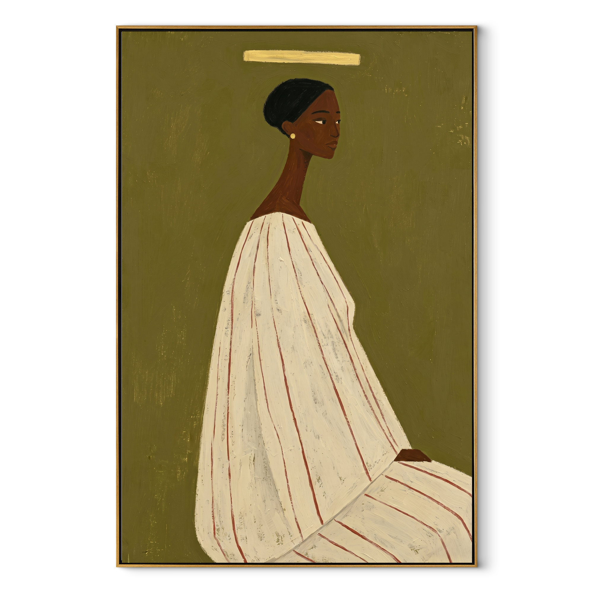 White Gown Faces Olive - woman in white gown painting by Marcus Lau, retro modern vertical wall art – wood frame on white background
