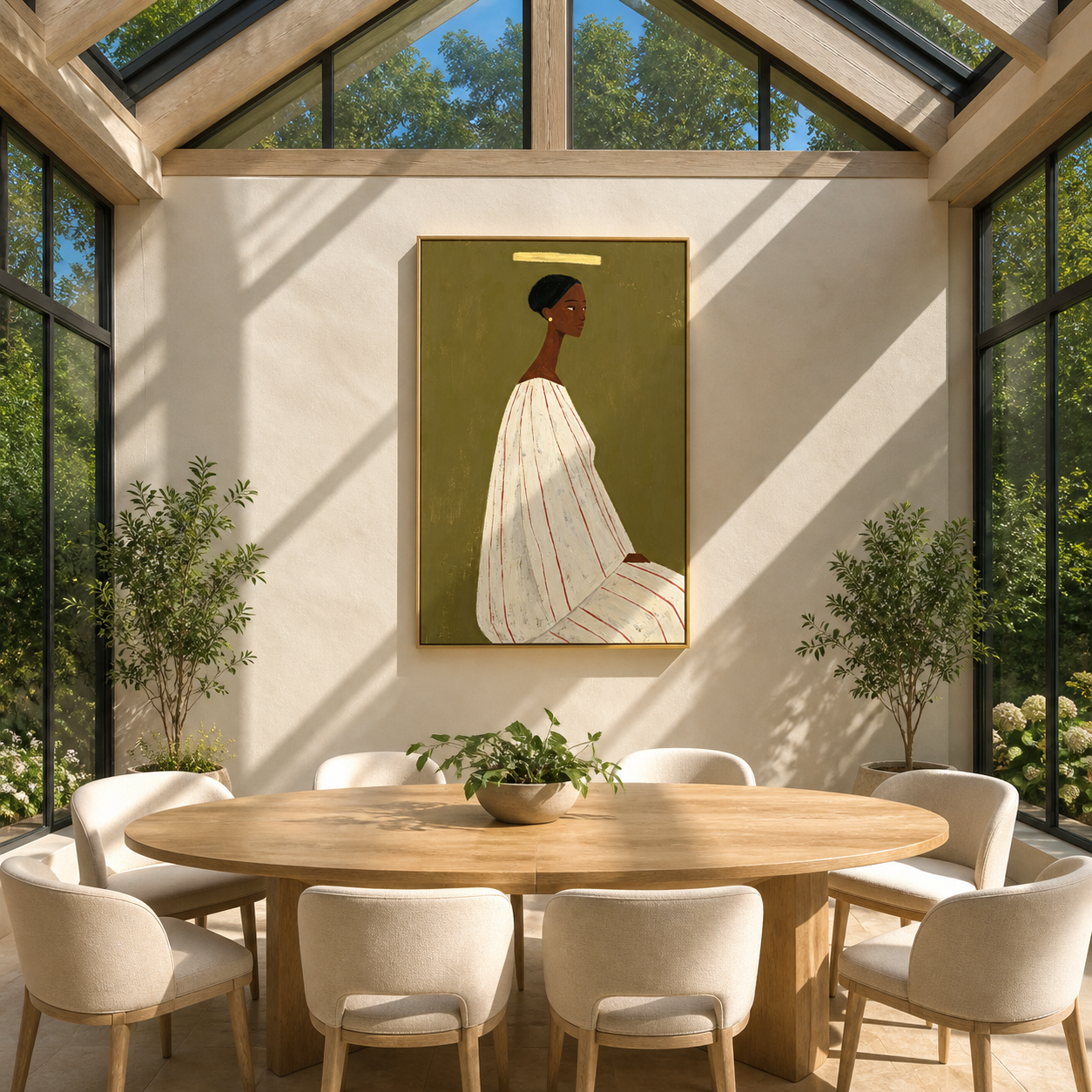 White Gown Faces Olive - woman in white gown painting by Marcus Lau, retro modern vertical wall art – styled room scene view 2