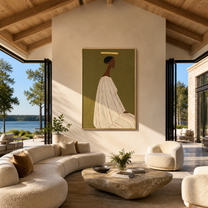 White Gown Faces Olive - woman in white gown painting by Marcus Lau, retro modern vertical wall art – styled room scene view 3