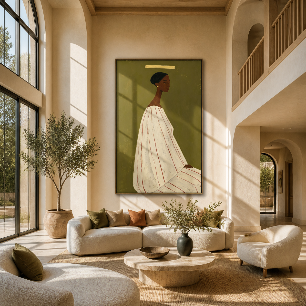 White Gown Faces Olive - woman in white gown painting by Marcus Lau, retro modern vertical wall art – styled room scene view 4