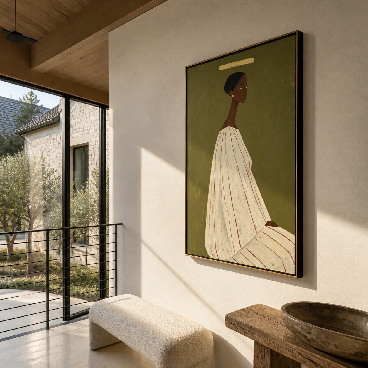 White Gown Faces Olive - woman in white gown painting by Marcus Lau, retro modern vertical wall art – styled room scene view 5