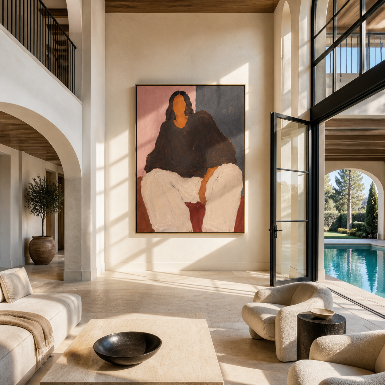 Black Blouse Fills Blush - seated woman in black painting by Marcus Lau, retro modern vertical wall art – styled room scene view 1