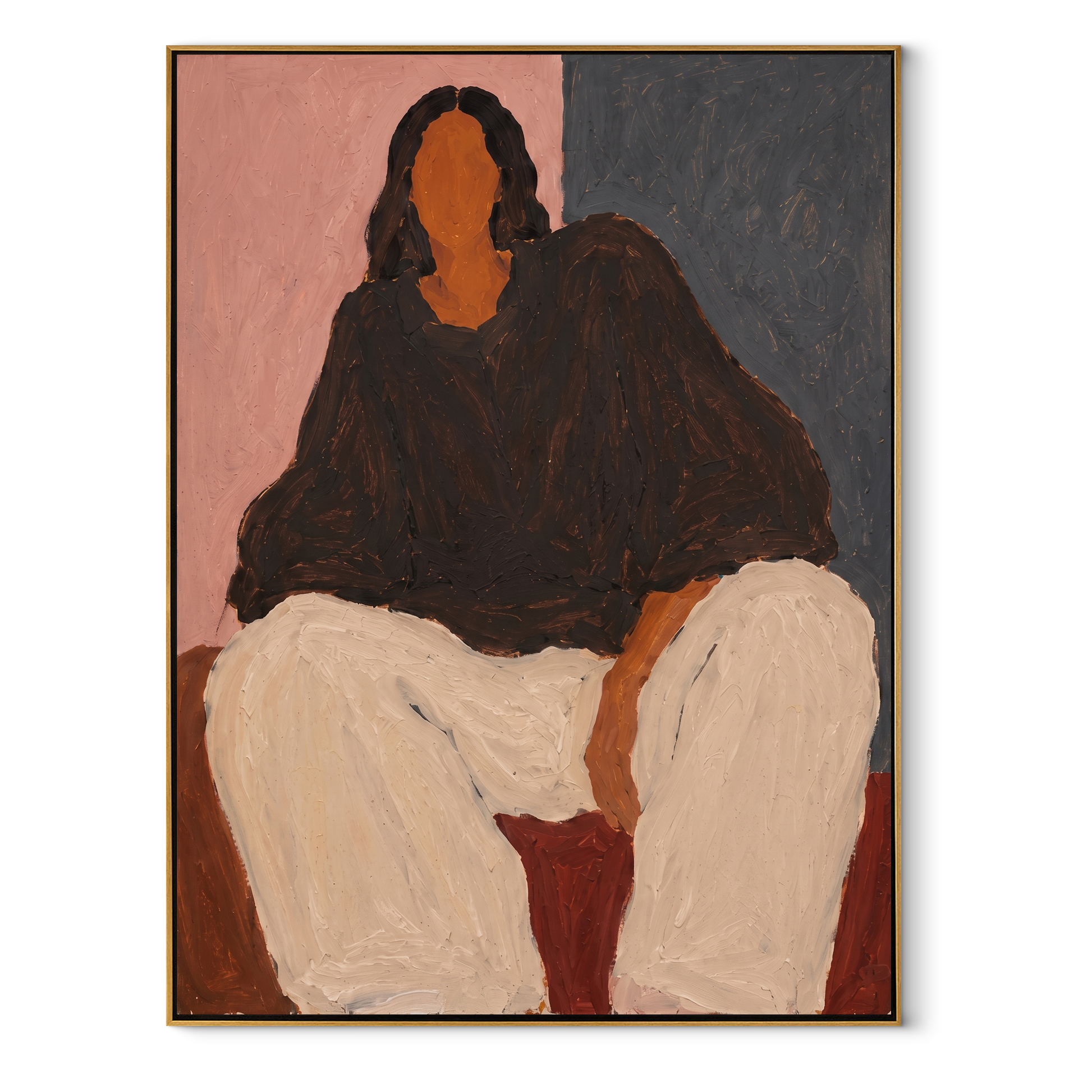 Black Blouse Fills Blush - seated woman in black painting by Marcus Lau, retro modern vertical wall art – wood frame on white background