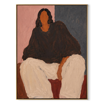 Black Blouse Fills Blush - seated woman in black painting by Marcus Lau, retro modern vertical wall art – wood frame on white background