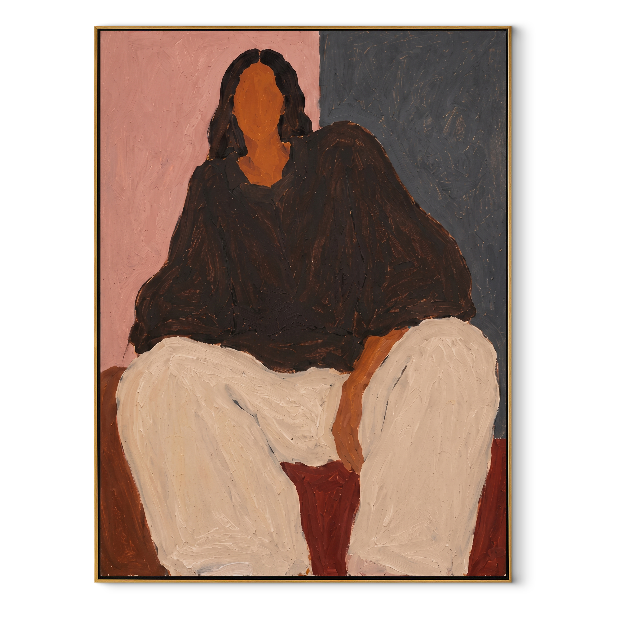 Black Blouse Fills Blush - seated woman in black painting by Marcus Lau, retro modern vertical wall art – wood frame on white background