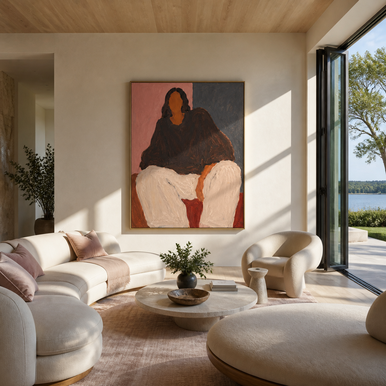 Black Blouse Fills Blush - seated woman in black painting by Marcus Lau, retro modern vertical wall art – styled room scene view 2