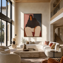 Black Blouse Fills Blush - seated woman in black painting by Marcus Lau, retro modern vertical wall art – styled room scene view 3