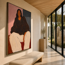 Black Blouse Fills Blush - seated woman in black painting by Marcus Lau, retro modern vertical wall art – styled room scene view 4