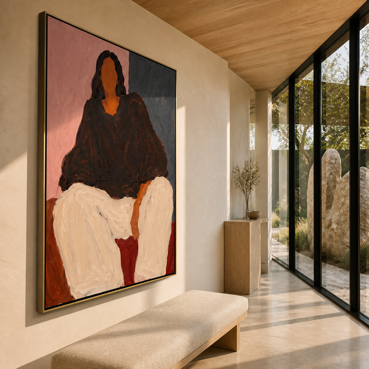 Black Blouse Fills Blush - seated woman in black painting by Marcus Lau, retro modern vertical wall art – styled room scene view 4