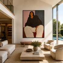 Black Blouse Fills Blush - seated woman in black painting by Marcus Lau, retro modern vertical wall art – styled room scene view 5