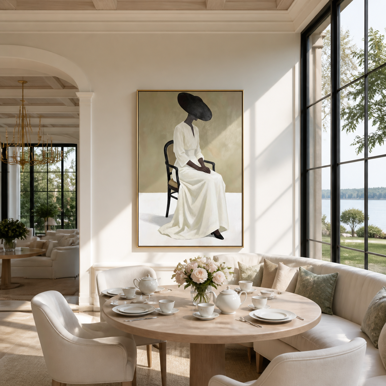 Black Brim Holds White - seated woman in white painting by Marcus Lau, retro modern vertical wall art – styled room scene view 1