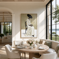 Black Brim Holds White - seated woman in white painting by Marcus Lau, retro modern vertical wall art – styled room scene view 1
