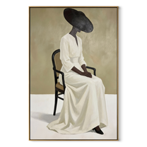 Black Brim Holds White - seated woman in white painting by Marcus Lau, retro modern vertical wall art – wood frame on white background
