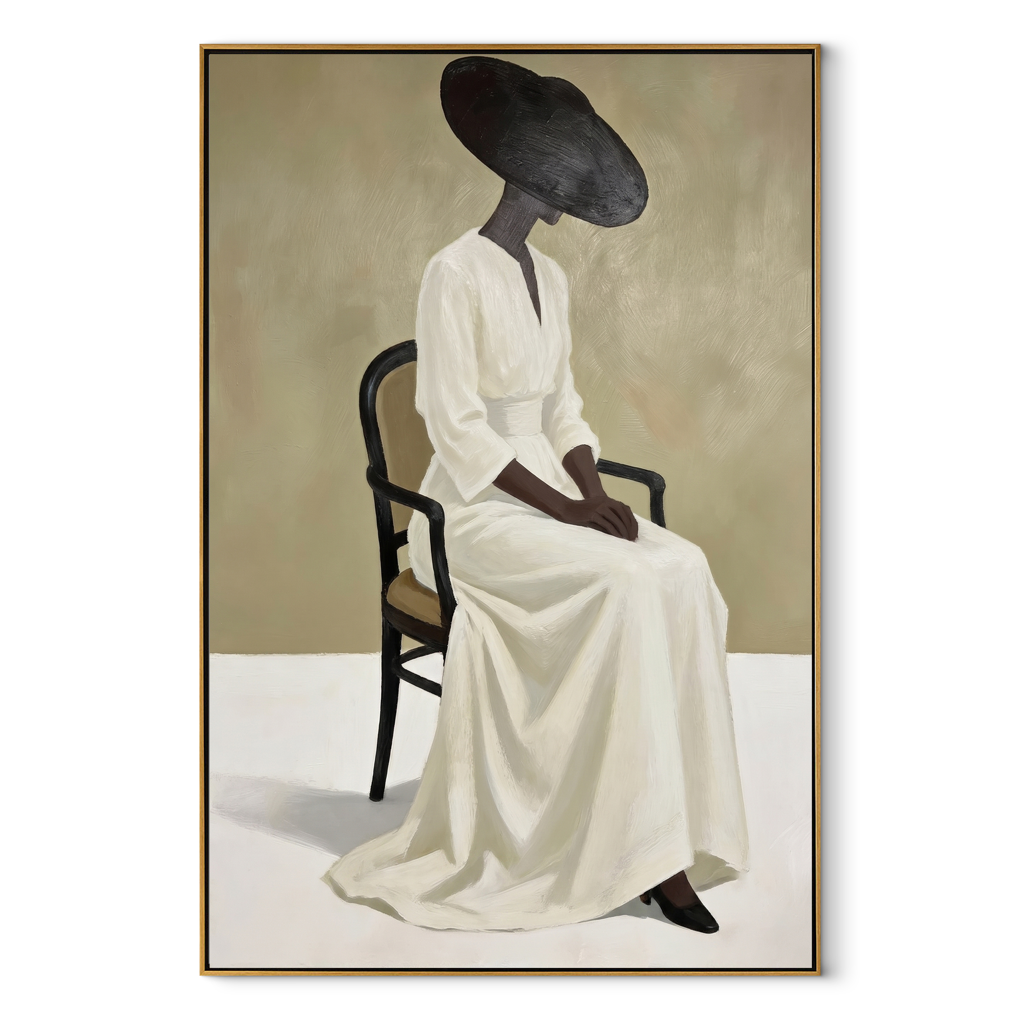 Black Brim Holds White - seated woman in white painting by Marcus Lau, retro modern vertical wall art – wood frame on white background
