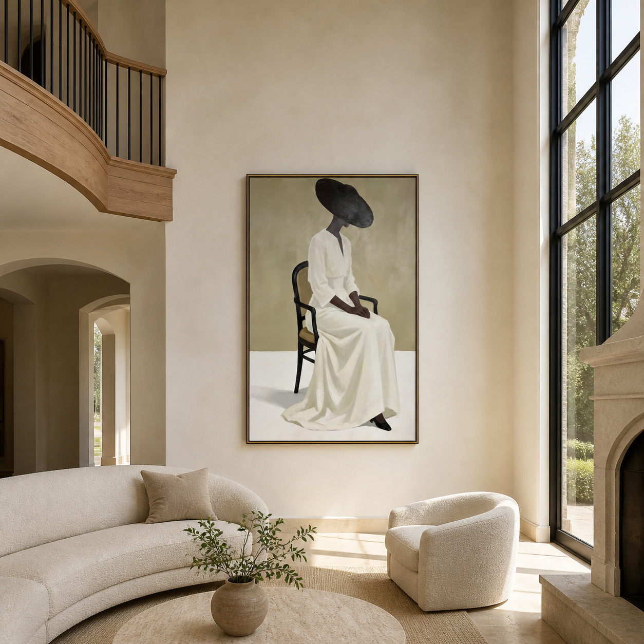 Black Brim Holds White - seated woman in white painting by Marcus Lau, retro modern vertical wall art – styled room scene view 2