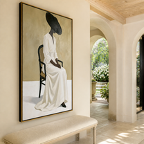 Black Brim Holds White - seated woman in white painting by Marcus Lau, retro modern vertical wall art – styled room scene view 3