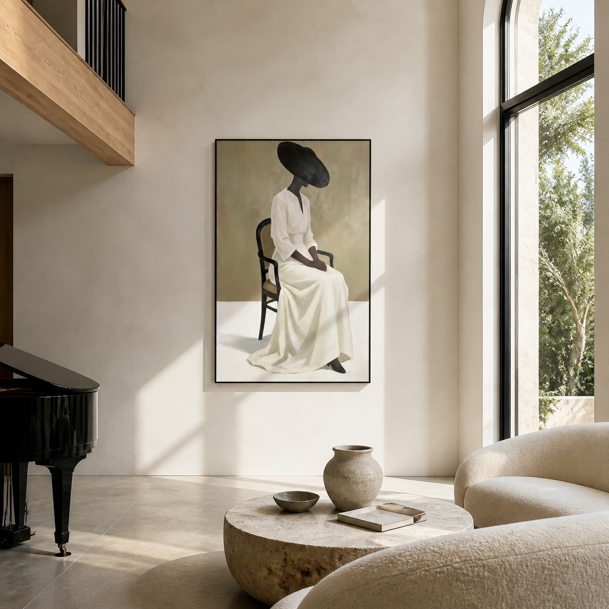 Black Brim Holds White - seated woman in white painting by Marcus Lau, retro modern vertical wall art – styled room scene view 4
