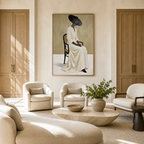Black Brim Holds White - seated woman in white painting by Marcus Lau, retro modern vertical wall art – styled room scene view 5