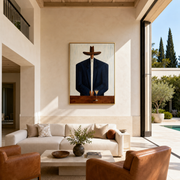 Navy Shoulders Guard Glass - man with cocktail painting by Marcus Lau, retro modern vertical wall art – styled room scene view 1