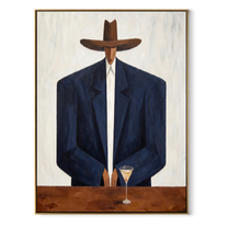 Navy Shoulders Guard Glass - man with cocktail painting by Marcus Lau, retro modern vertical wall art – wood frame on white background