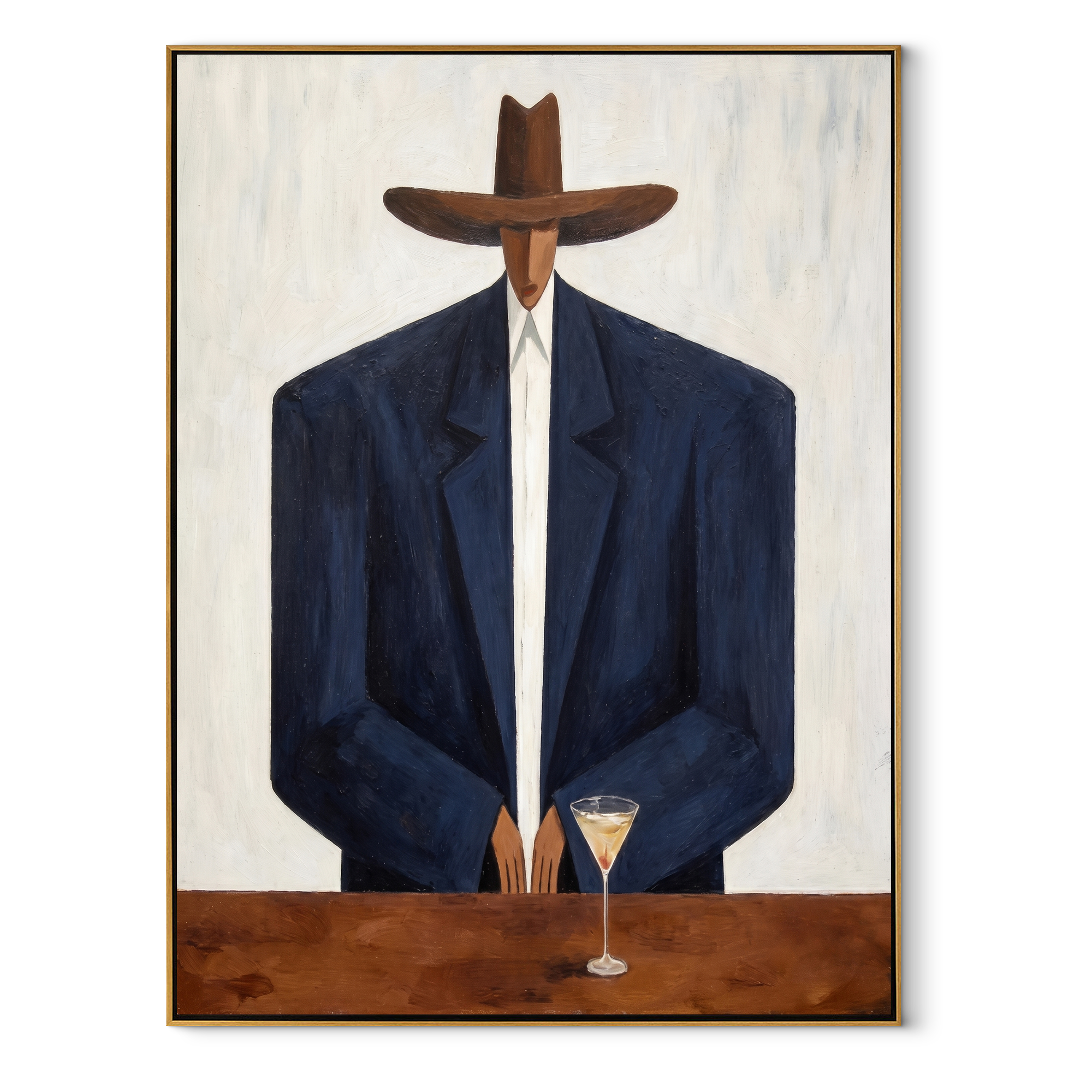 Navy Shoulders Guard Glass - man with cocktail painting by Marcus Lau, retro modern vertical wall art – wood frame on white background