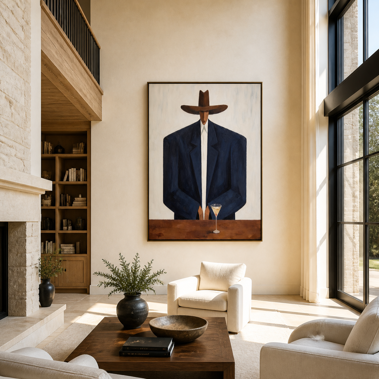 Navy Shoulders Guard Glass - man with cocktail painting by Marcus Lau, retro modern vertical wall art – styled room scene view 2