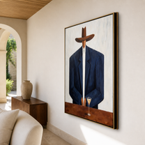 Navy Shoulders Guard Glass - man with cocktail painting by Marcus Lau, retro modern vertical wall art – styled room scene view 3