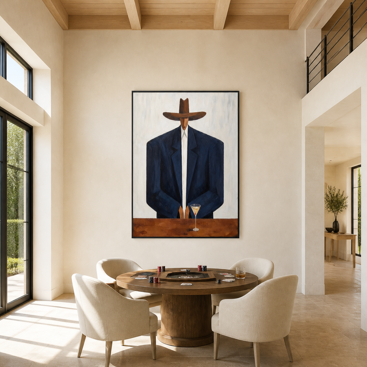 Navy Shoulders Guard Glass - man with cocktail painting by Marcus Lau, retro modern vertical wall art – styled room scene view 4
