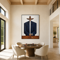 Navy Shoulders Guard Glass - man with cocktail painting by Marcus Lau, retro modern vertical wall art – styled room scene view 4