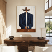 Navy Shoulders Guard Glass - man with cocktail painting by Marcus Lau, retro modern vertical wall art – styled room scene view 5