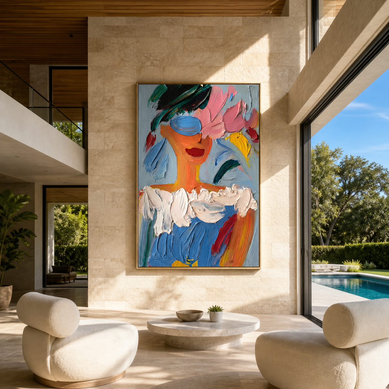 Blue Paint Wears Flowers - colorful abstract woman portrait by Marcus Lau, retro modern vertical wall art – styled room scene view 1