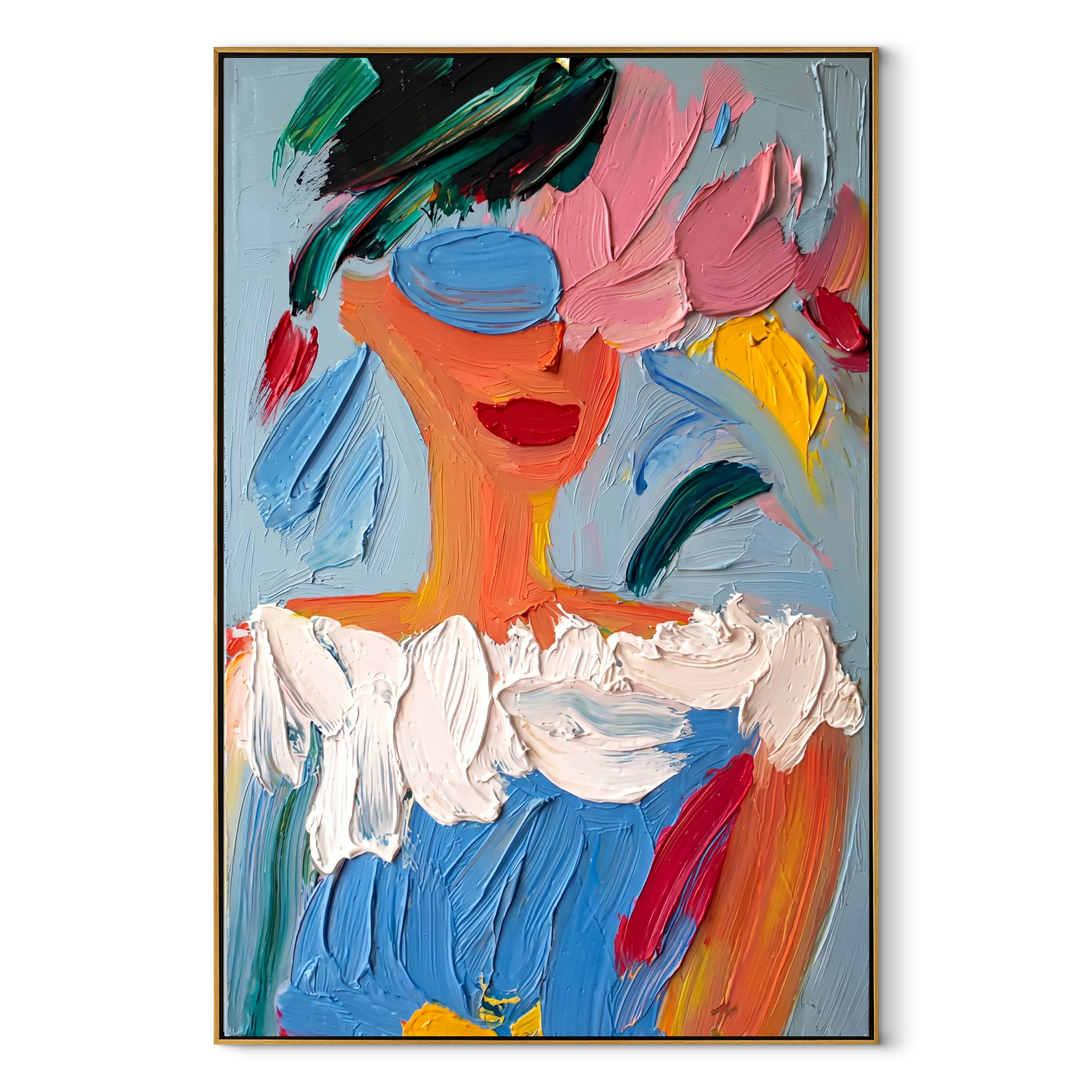 Blue Paint Wears Flowers - colorful abstract woman portrait by Marcus Lau, retro modern vertical wall art – wood frame on white background