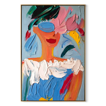Blue Paint Wears Flowers - colorful abstract woman portrait by Marcus Lau, retro modern vertical wall art – wood frame on white background