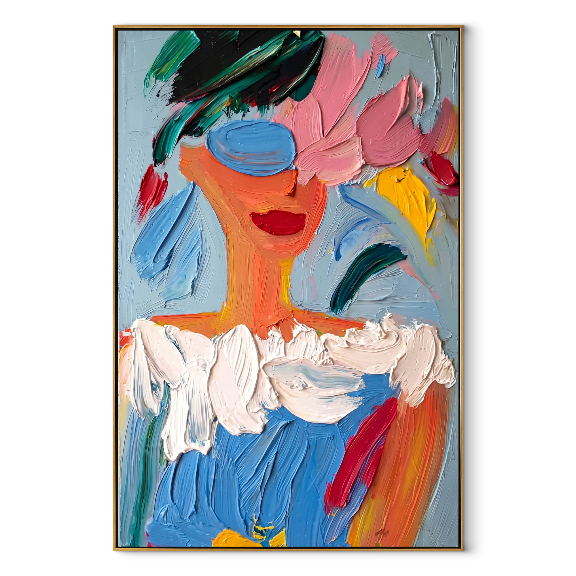 Blue Paint Wears Flowers - colorful abstract woman portrait by Marcus Lau, retro modern vertical wall art – wood frame on white background
