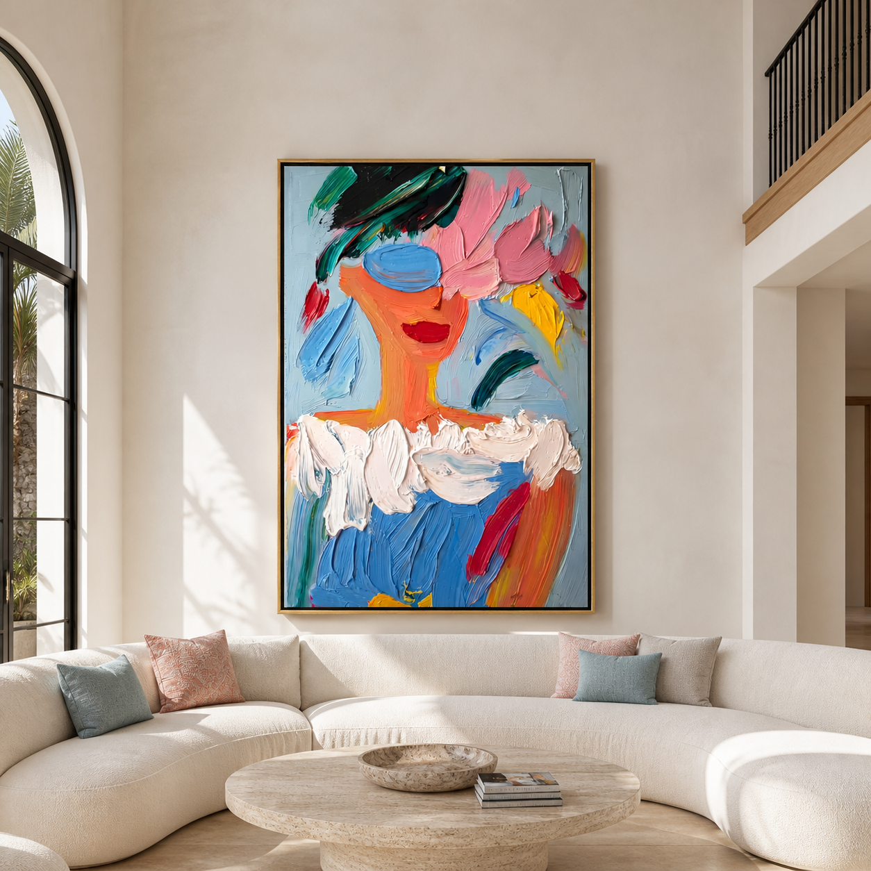 Blue Paint Wears Flowers - colorful abstract woman portrait by Marcus Lau, retro modern vertical wall art – styled room scene view 2