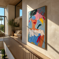 Blue Paint Wears Flowers - colorful abstract woman portrait by Marcus Lau, retro modern vertical wall art – styled room scene view 3