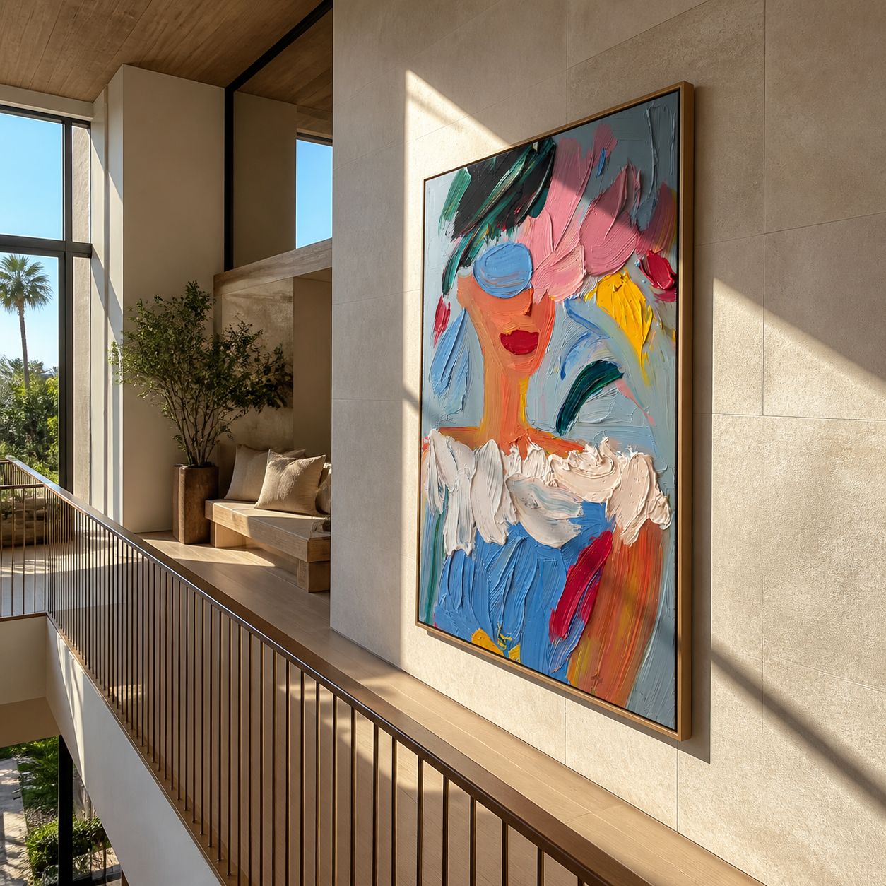 Blue Paint Wears Flowers - colorful abstract woman portrait by Marcus Lau, retro modern vertical wall art – styled room scene view 3