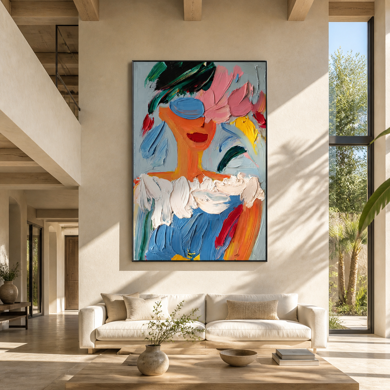Blue Paint Wears Flowers - colorful abstract woman portrait by Marcus Lau, retro modern vertical wall art – styled room scene view 4