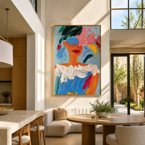 Blue Paint Wears Flowers - colorful abstract woman portrait by Marcus Lau, retro modern vertical wall art – styled room scene view 5