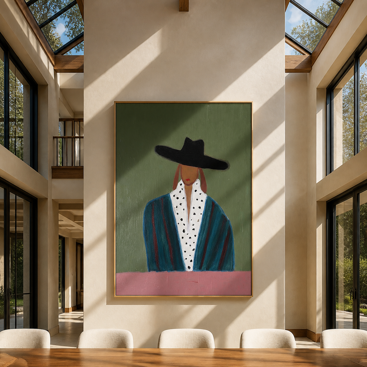 Spotted Collar Meets Sage - black hat fashion portrait by Marcus Lau, retro modern vertical wall art – styled room scene view 1