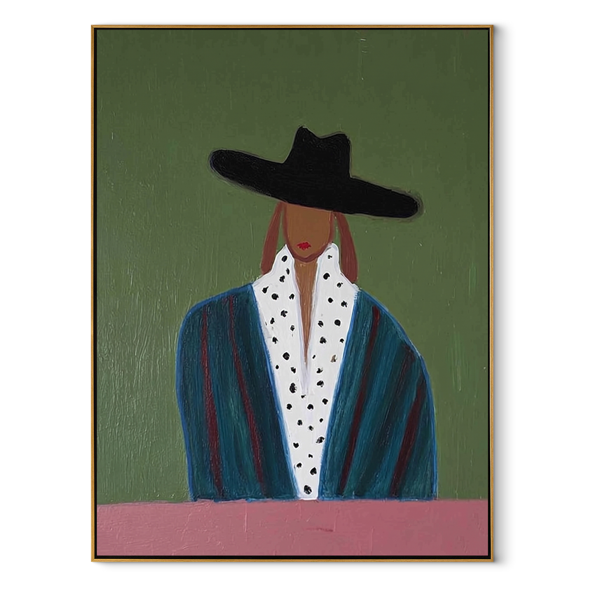Spotted Collar Meets Sage - black hat fashion portrait by Marcus Lau, retro modern vertical wall art – wood frame on white background