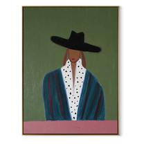Spotted Collar Meets Sage - black hat fashion portrait by Marcus Lau, retro modern vertical wall art – wood frame on white background