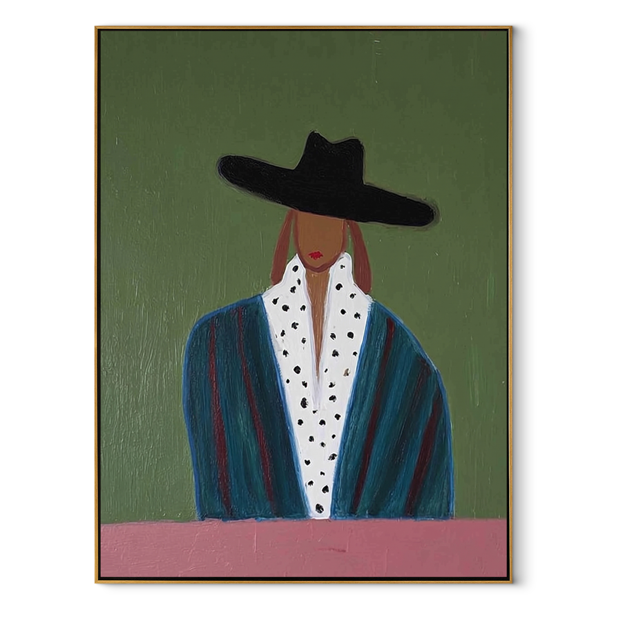 Spotted Collar Meets Sage - black hat fashion portrait by Marcus Lau, retro modern vertical wall art – wood frame on white background