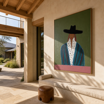 Spotted Collar Meets Sage - black hat fashion portrait by Marcus Lau, retro modern vertical wall art – styled room scene view 2