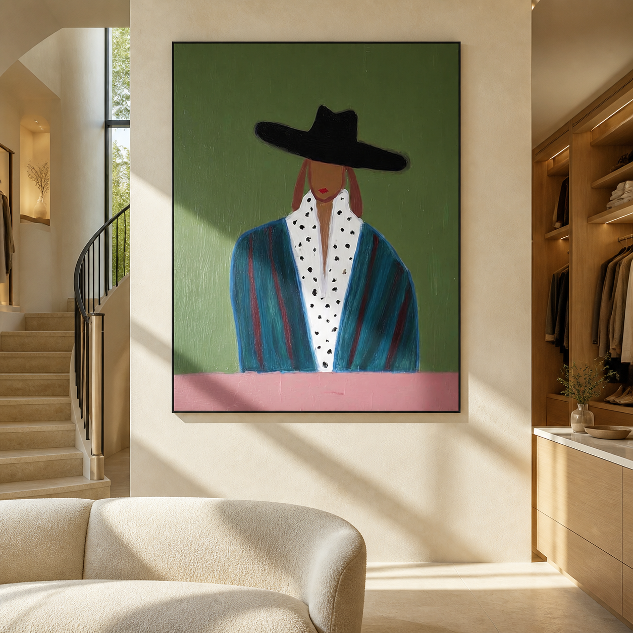 Spotted Collar Meets Sage - black hat fashion portrait by Marcus Lau, retro modern vertical wall art – styled room scene view 3