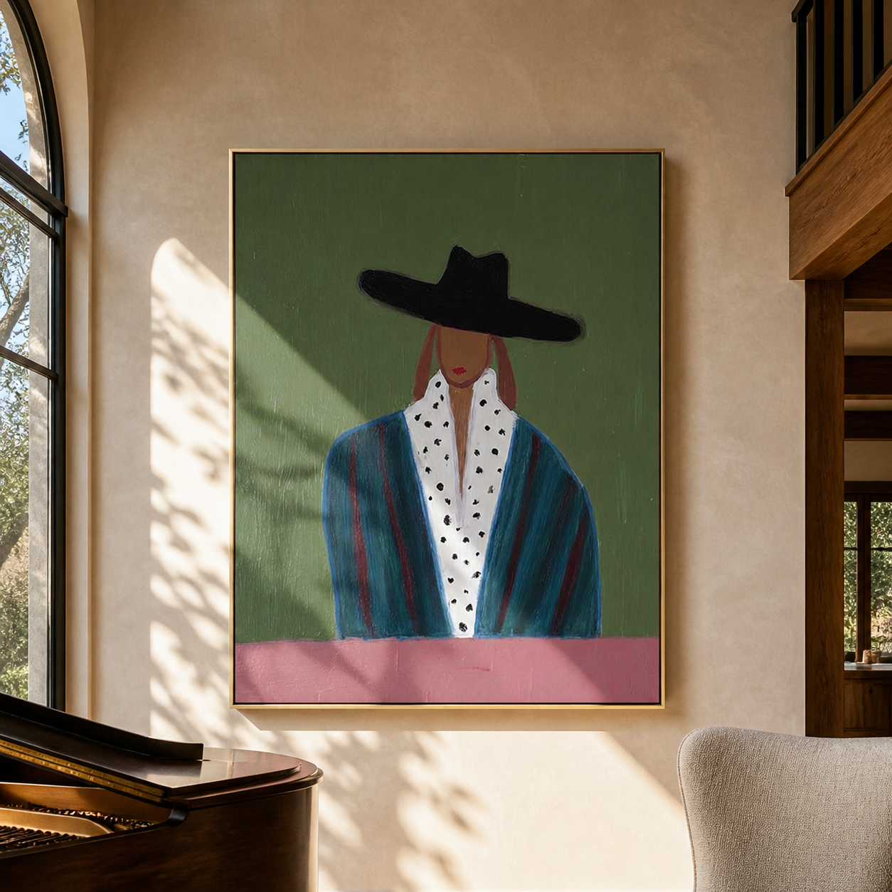 Spotted Collar Meets Sage - black hat fashion portrait by Marcus Lau, retro modern vertical wall art – styled room scene view 4