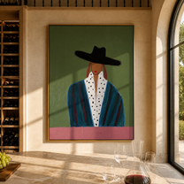 Spotted Collar Meets Sage - black hat fashion portrait by Marcus Lau, retro modern vertical wall art – styled room scene view 5