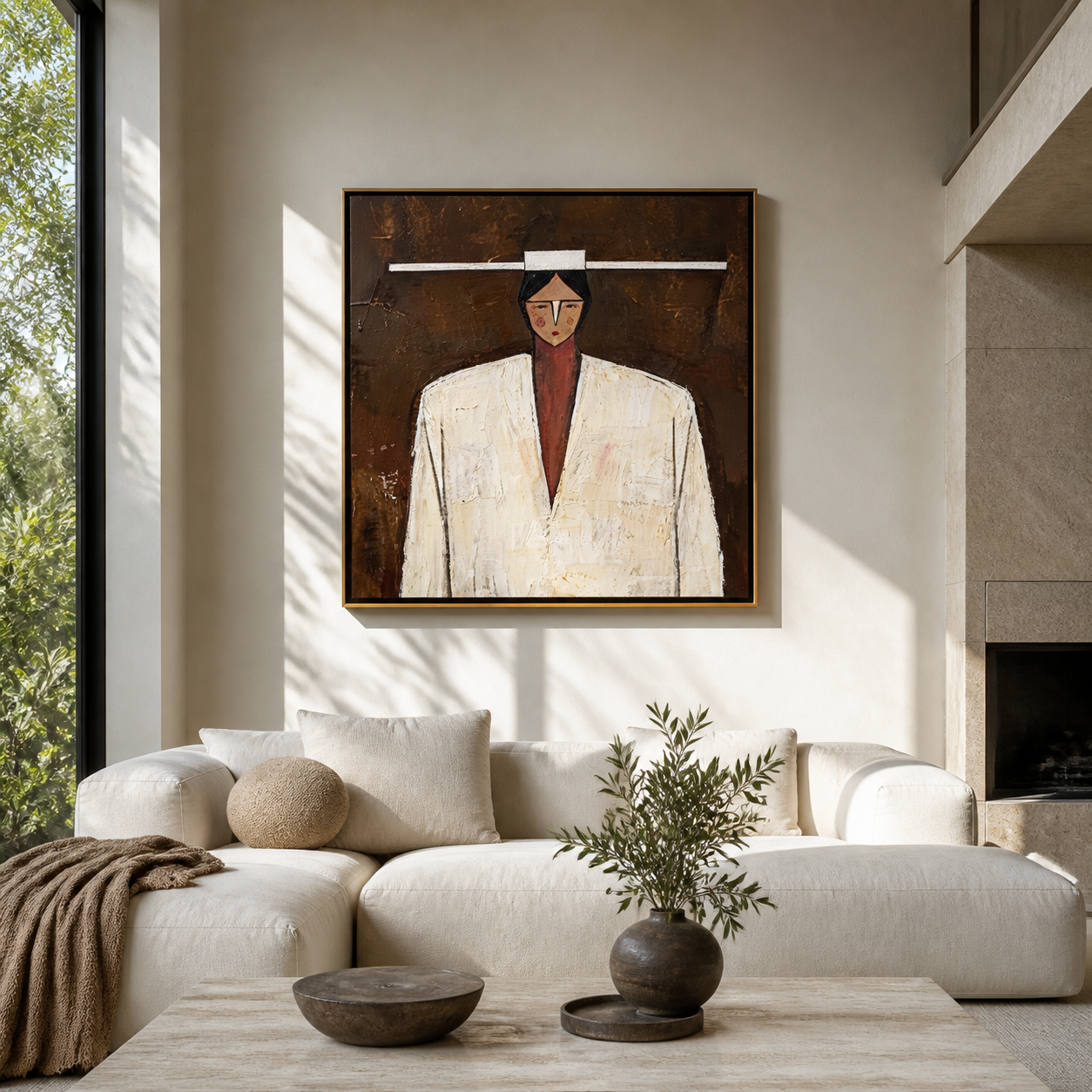 White Shoulders Face Brown - geometric white coat portrait by Marcus Lau, retro modern square wall art – styled room scene view 1
