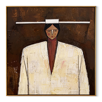 White Shoulders Face Brown - geometric white coat portrait by Marcus Lau, retro modern square wall art – wood frame on white background